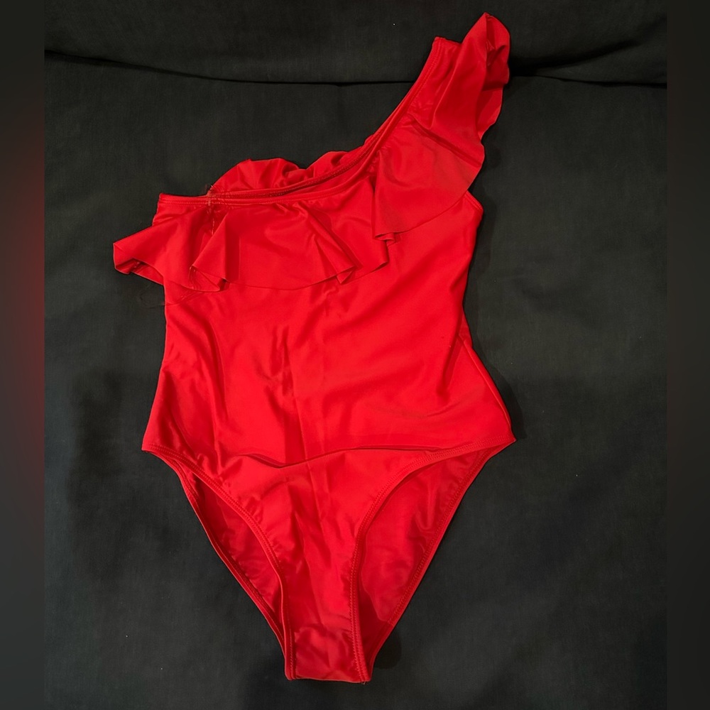 bathing suit one piece, worn once, red with one strap, size large